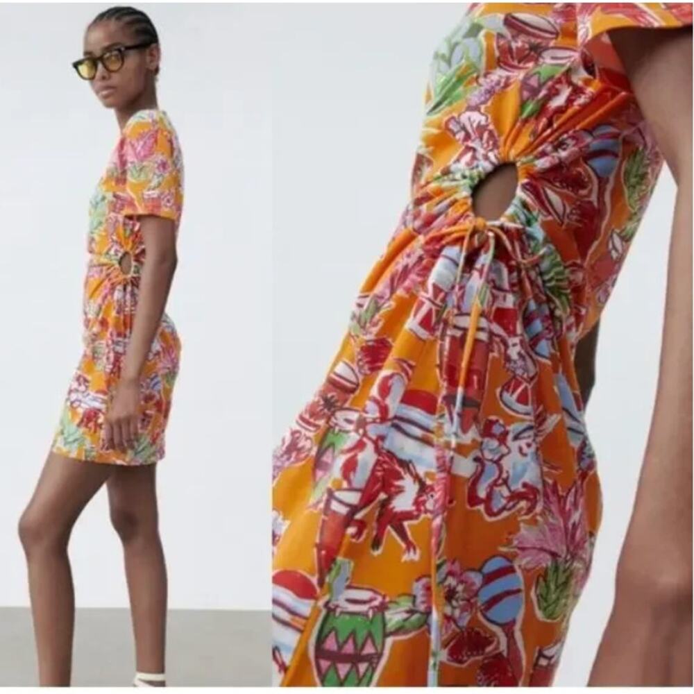 Zara Tropical Floral Cut Out Short Sleeve T-Shirt Dress Vacation Beach Medium - Picture 2 of 9